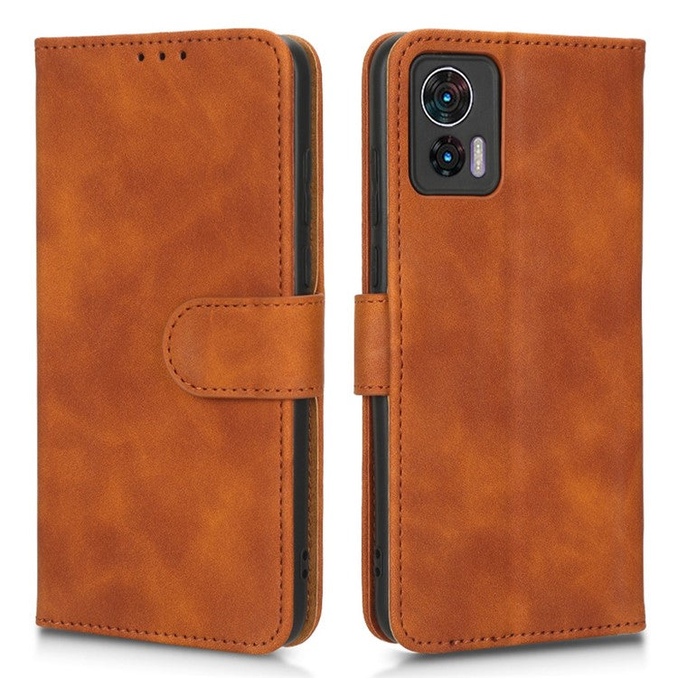 Skin-Touch Feeling Phone Cover for Motorola Edge 30 Neo 5G, PU Leather Magnetic Clasp Stand Wallet Case - Brown