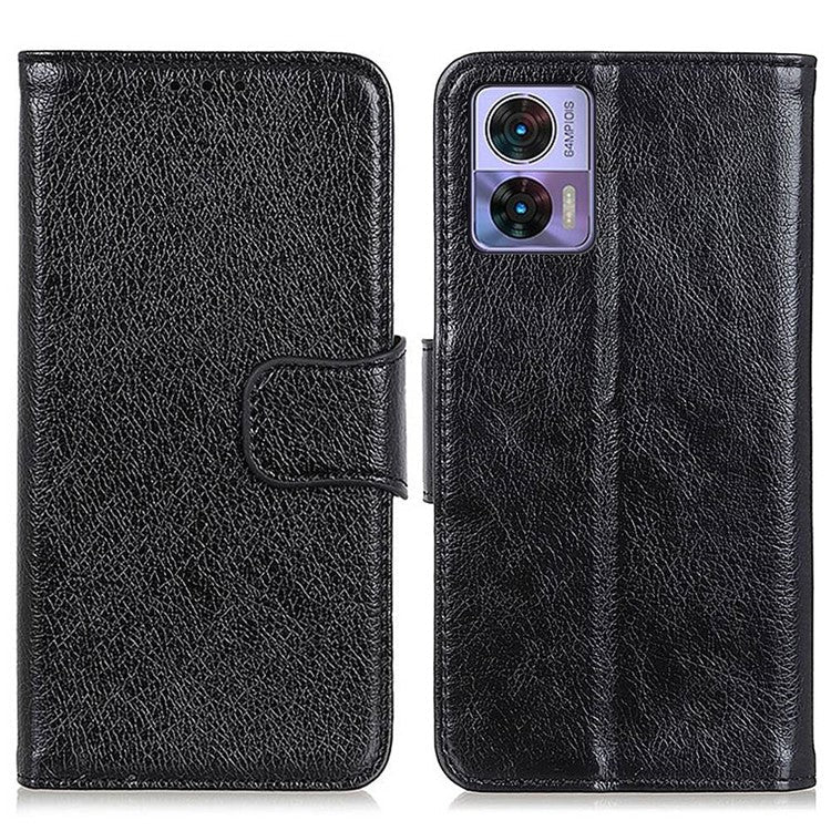 For Motorola Edge 30 Neo 5G Split Leather Case Nappa Texture Stand Wallet Anti-Scratch Phone Cover - Black