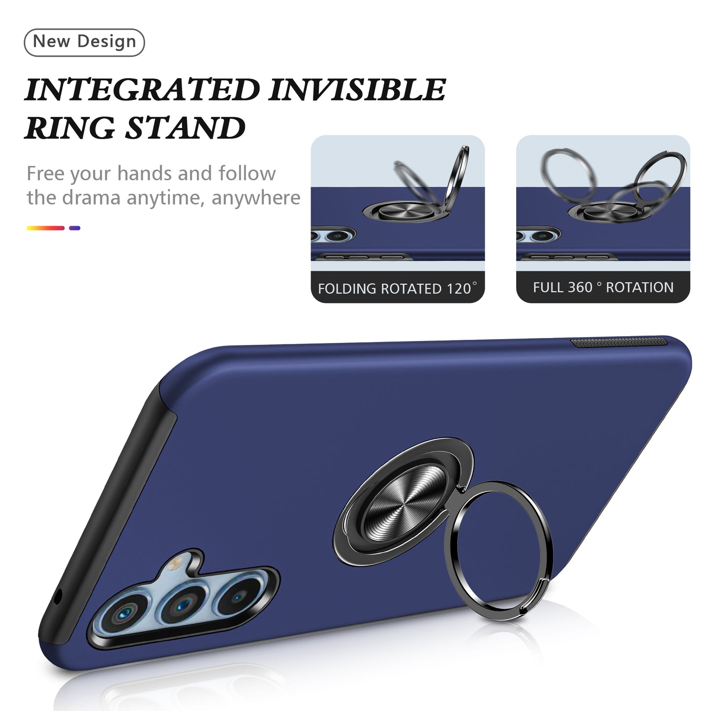 For Samsung Galaxy A16 5G / A16 4G Case PC+TPU Phone Cover with Rotatable Ring Holder - Blue