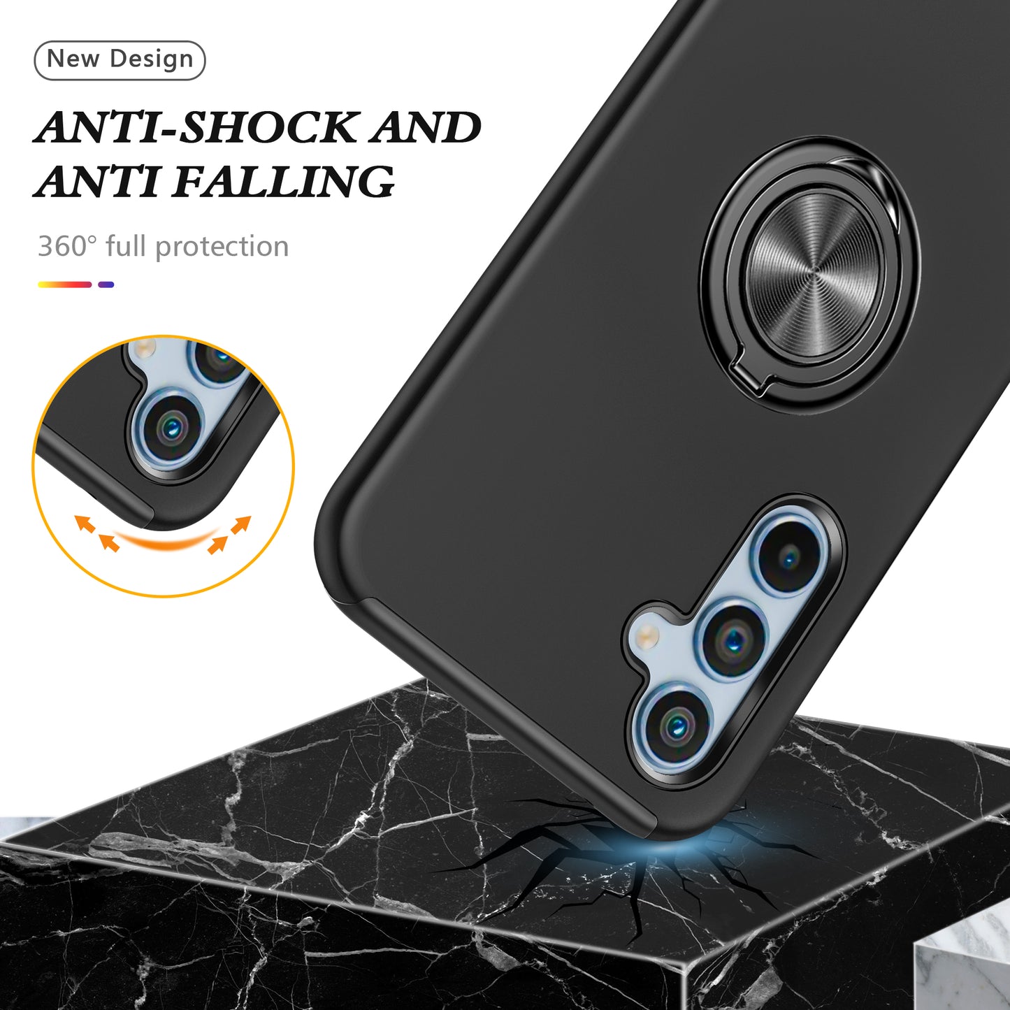 For Samsung Galaxy A16 5G / A16 4G Case PC+TPU Phone Cover with Rotatable Ring Holder - Black