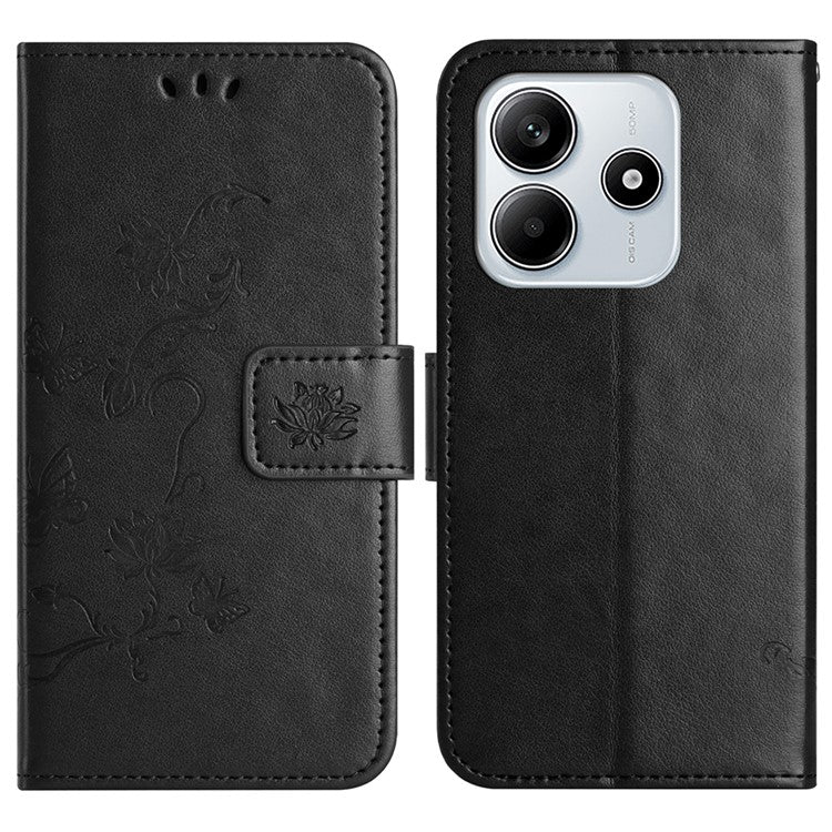 For Xiaomi Redmi Note 14 5G Case Wallet Stand Imprinted Butterfly Flower PU Leather Phone Cover - Black