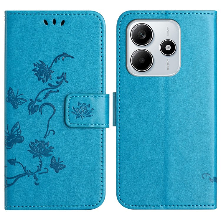 For Xiaomi Redmi Note 14 5G Case Wallet Stand Imprinted Butterfly Flower PU Leather Phone Cover - Blue