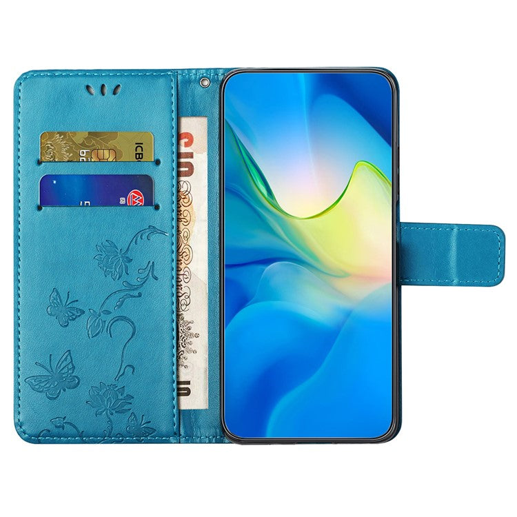 For Xiaomi Redmi Note 14 5G Case Wallet Stand Imprinted Butterfly Flower PU Leather Phone Cover - Blue