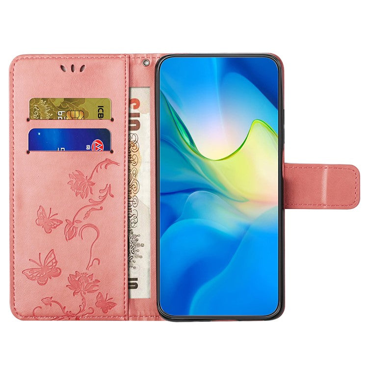 For Xiaomi Redmi Note 14 5G Case Wallet Stand Imprinted Butterfly Flower PU Leather Phone Cover - Pink
