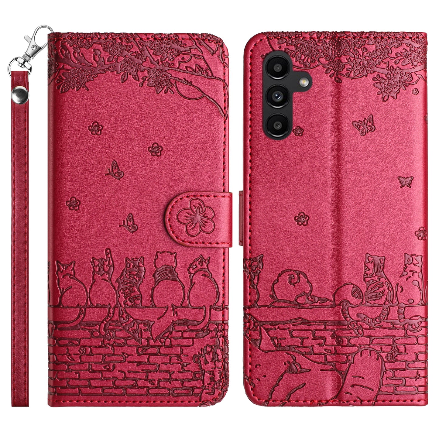 For Samsung Galaxy A16 5G / A16 4G Case with Wrist Strap Leather Phone Cover Wall Cats Pattern - Red
