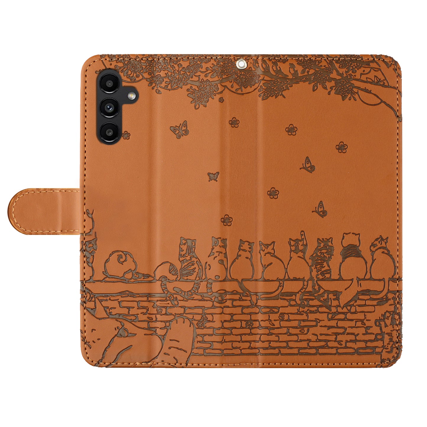 For Samsung Galaxy A16 5G / A16 4G Case with Wrist Strap Leather Phone Cover Wall Cats Pattern - Brown