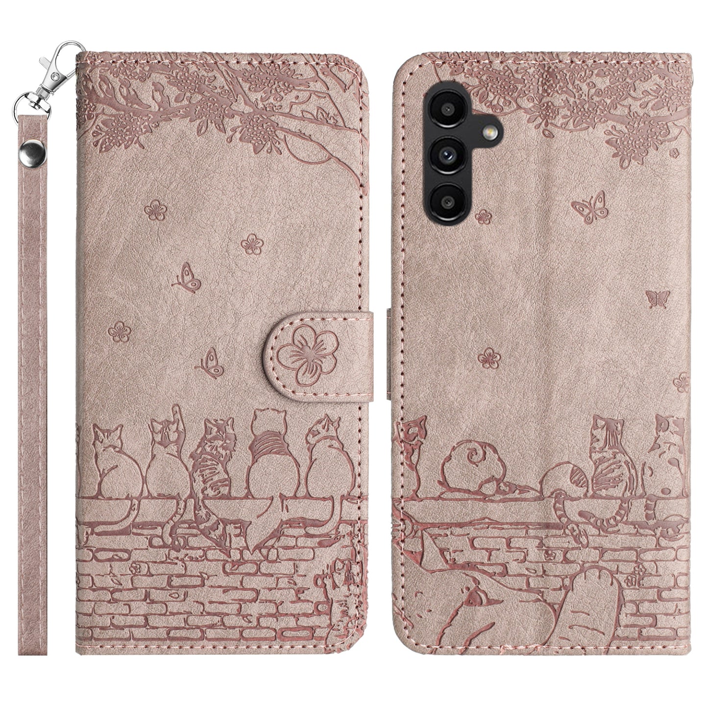 For Samsung Galaxy A16 5G / A16 4G Case with Wrist Strap Leather Phone Cover Wall Cats Pattern - Smoky Purple