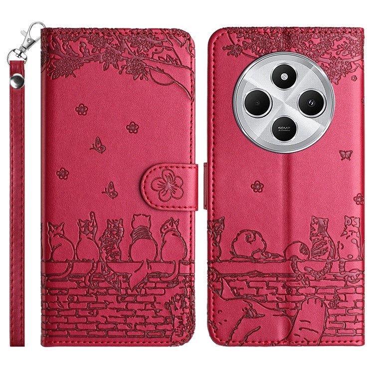 For Xiaomi Poco C75 4G / Redmi 14R 5G / 14C 4G Case with Wrist Strap Leather Phone Cover Wall Cats Pattern - Red