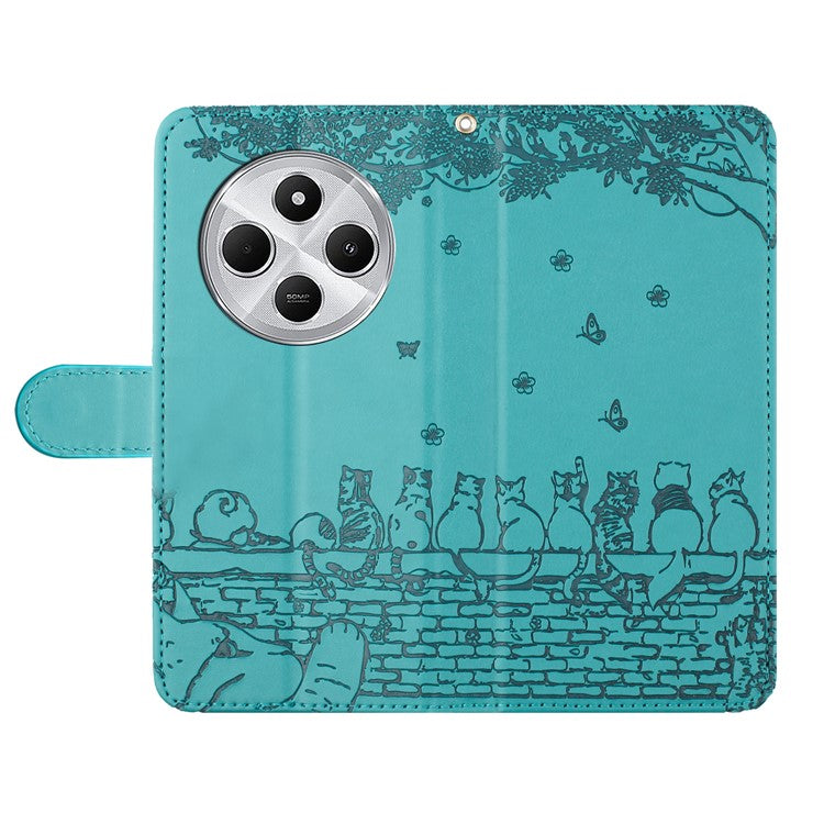 For Xiaomi Poco C75 4G / Redmi 14R 5G / 14C 4G Case with Wrist Strap Leather Phone Cover Wall Cats Pattern - Blue
