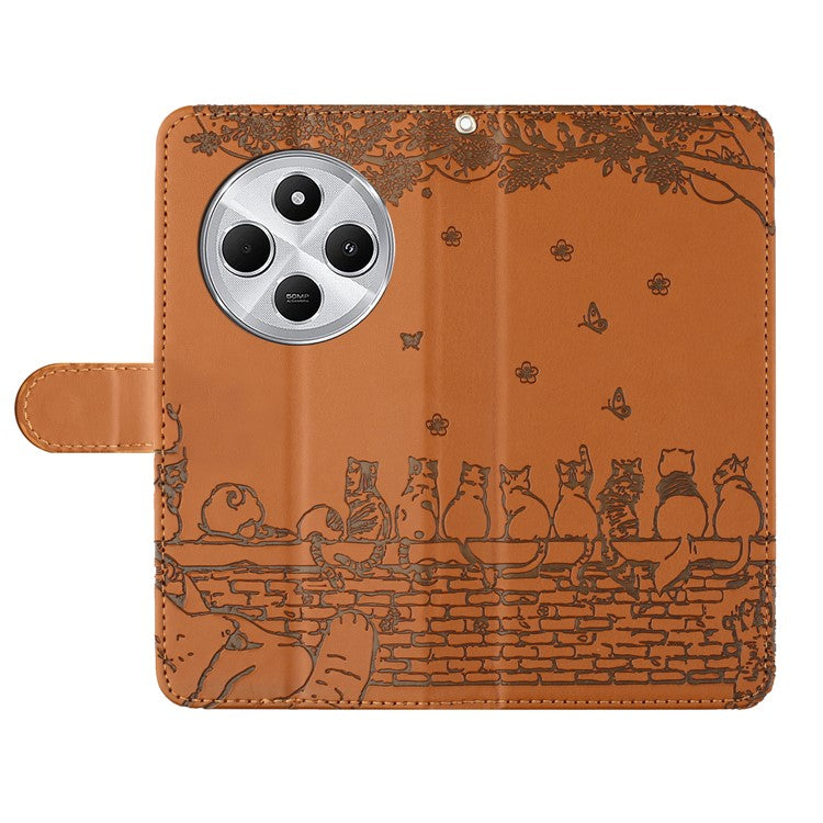 For Xiaomi Poco C75 4G / Redmi 14R 5G / 14C 4G Case with Wrist Strap Leather Phone Cover Wall Cats Pattern - Brown