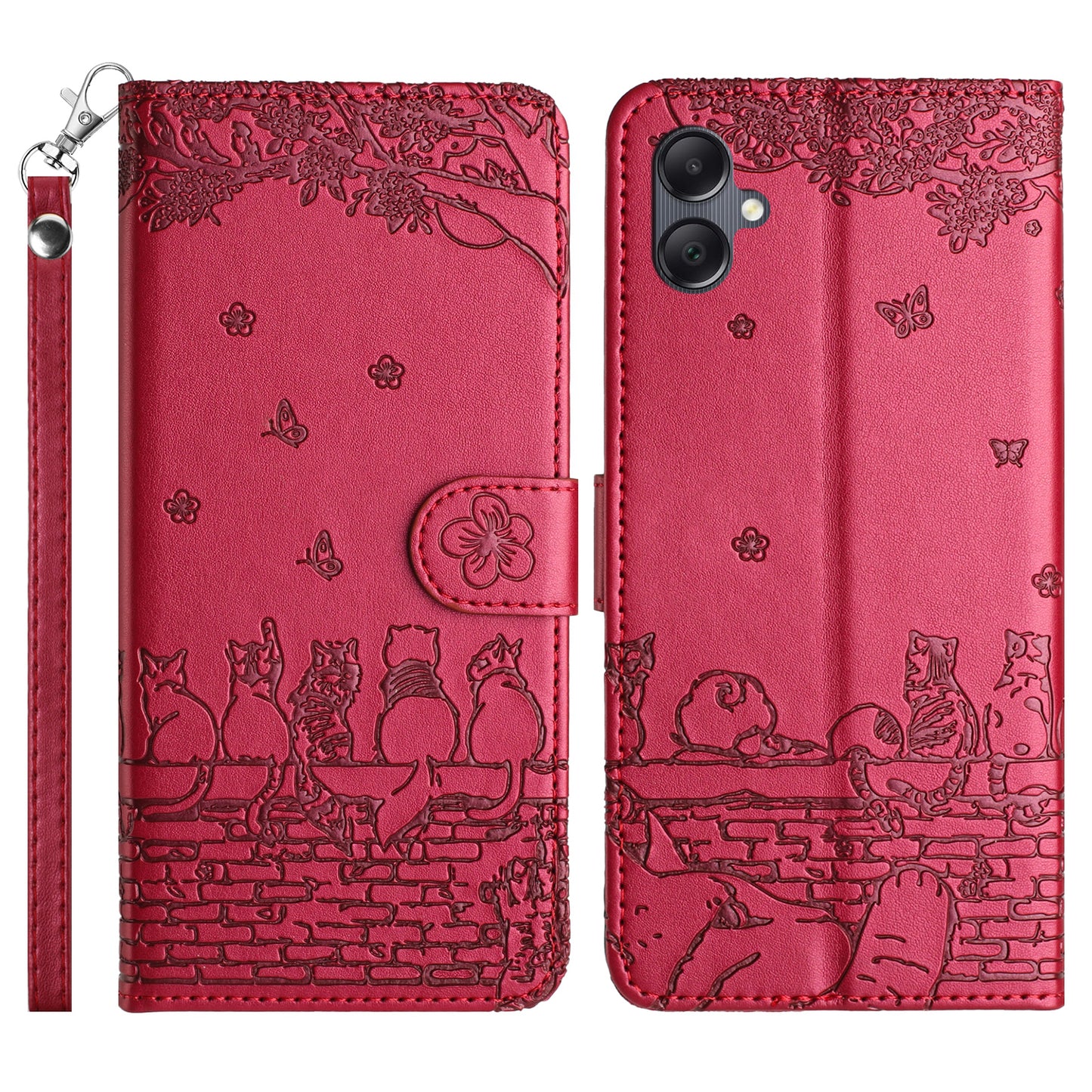 For Samsung Galaxy A06 Case with Wrist Strap Leather Phone Cover Wall Cats Pattern - Red