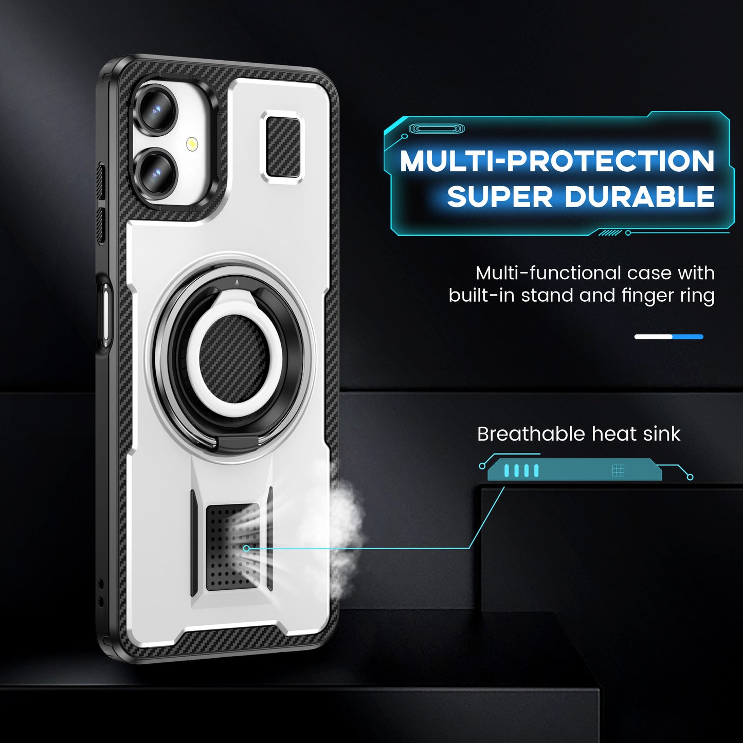 For Samsung Galaxy A06 Case TPU+PC Kickstand Phone Cover with Silicone Finger Strap - White