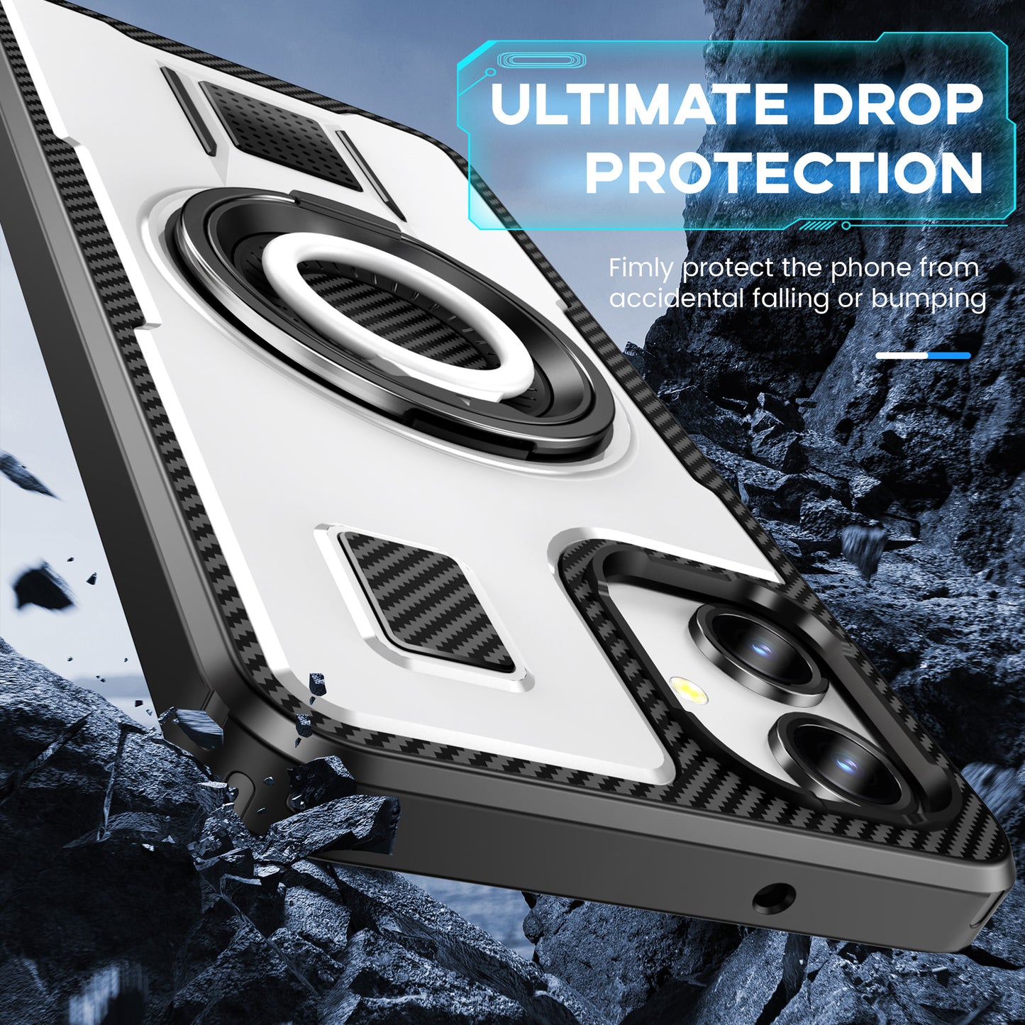 For Samsung Galaxy A06 Case TPU+PC Kickstand Phone Cover with Silicone Finger Strap - White