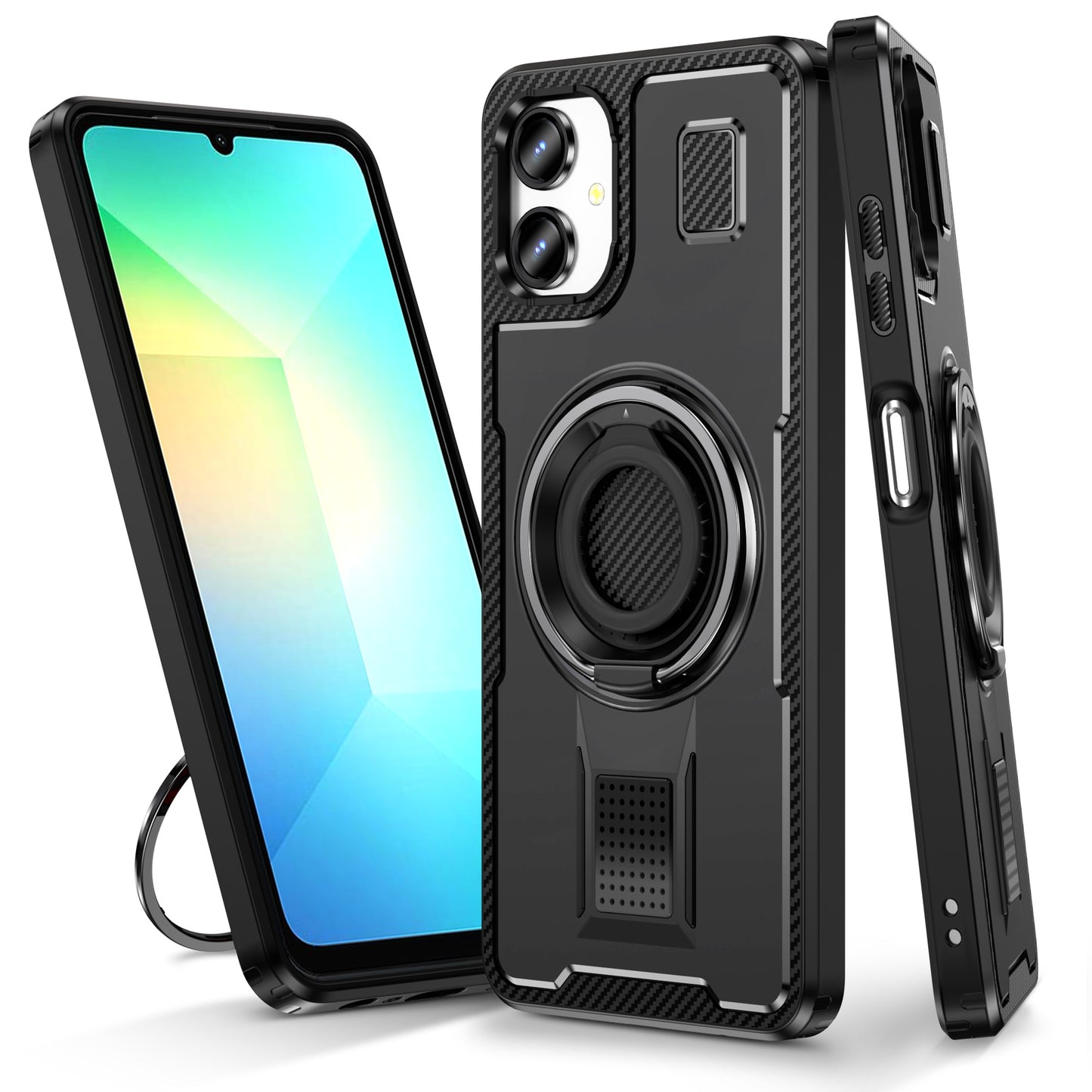 For Samsung Galaxy A06 Case TPU+PC Kickstand Phone Cover with Silicone Finger Strap - Black