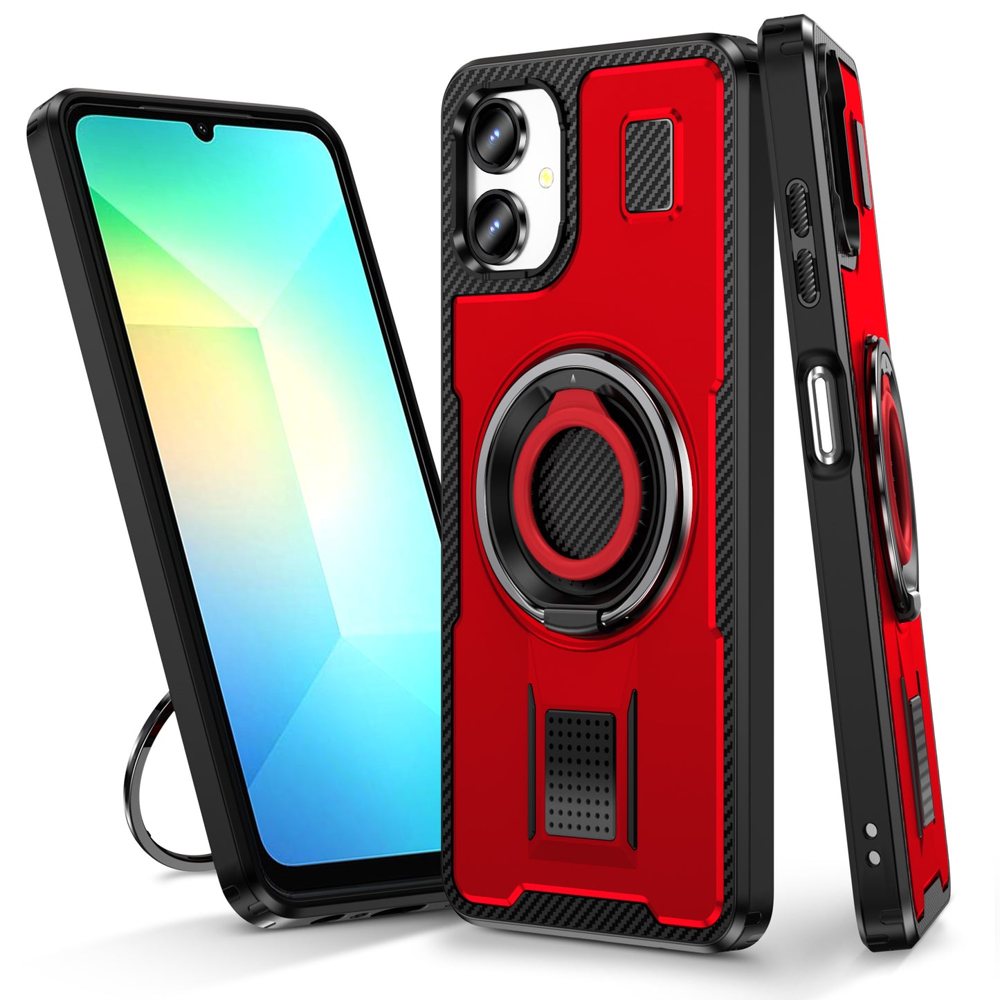 For Samsung Galaxy A06 Case TPU+PC Kickstand Phone Cover with Silicone Finger Strap - Red