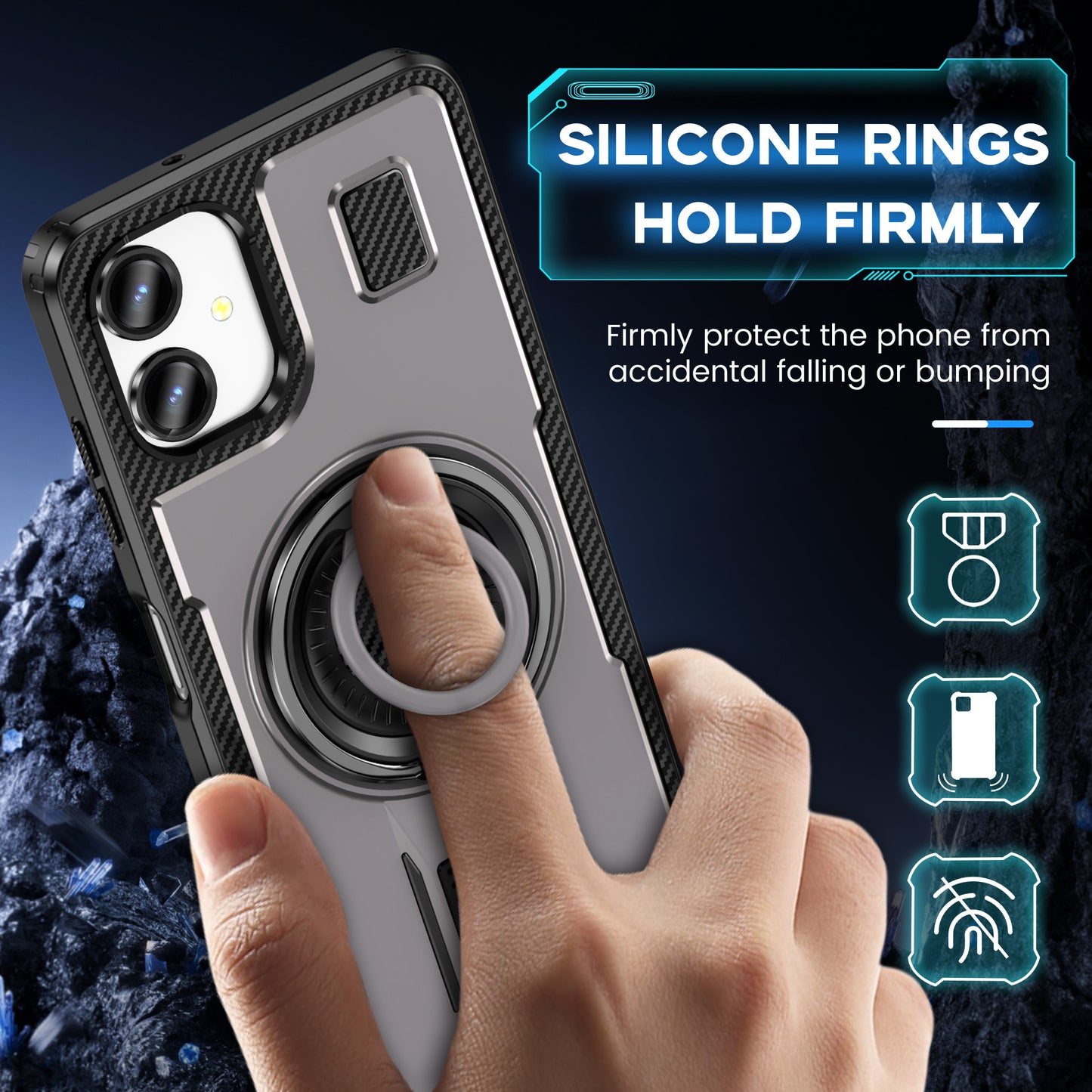 For Samsung Galaxy A06 Case TPU+PC Kickstand Phone Cover with Silicone Finger Strap - Grey