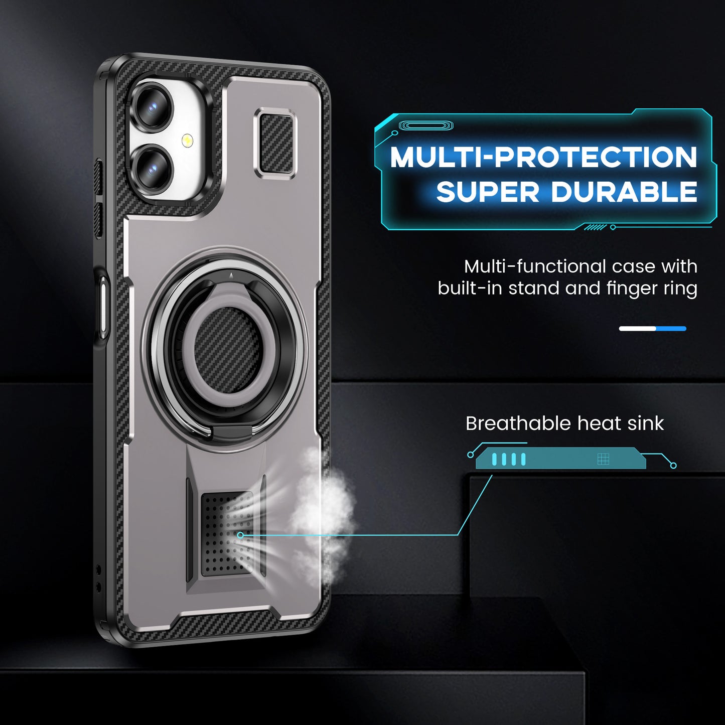 For Samsung Galaxy A06 Case TPU+PC Kickstand Phone Cover with Silicone Finger Strap - Grey