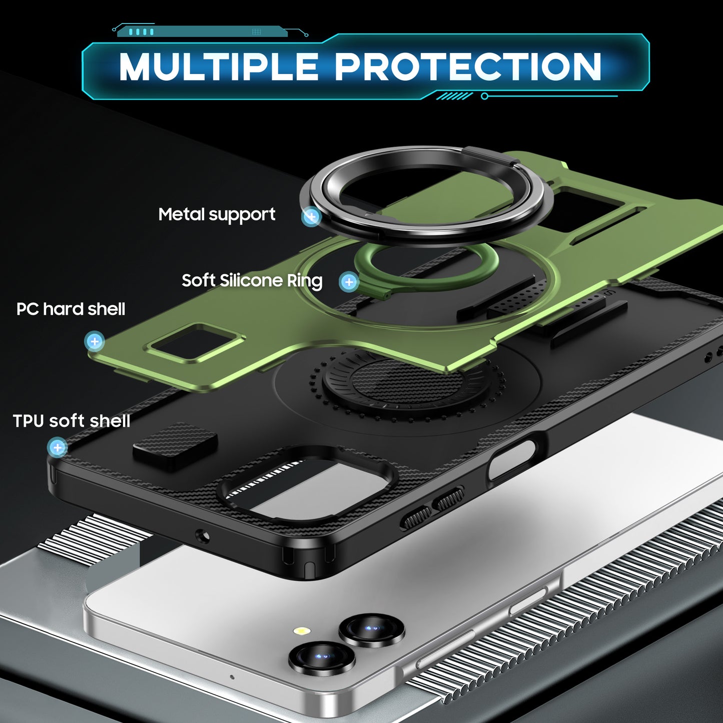 For Samsung Galaxy A06 Case TPU+PC Kickstand Phone Cover with Silicone Finger Strap - Army Green