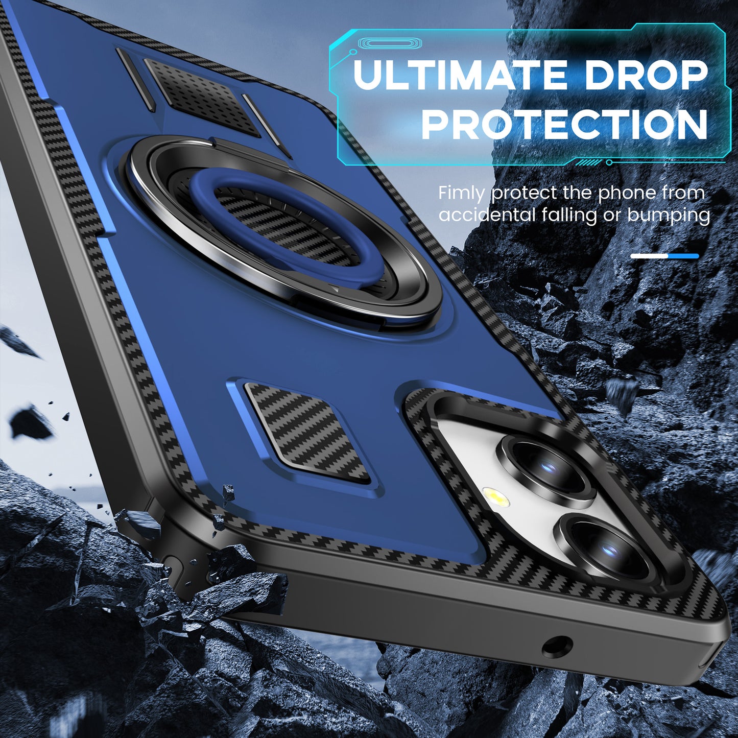 For Samsung Galaxy A06 Case TPU+PC Kickstand Phone Cover with Silicone Finger Strap - Blue