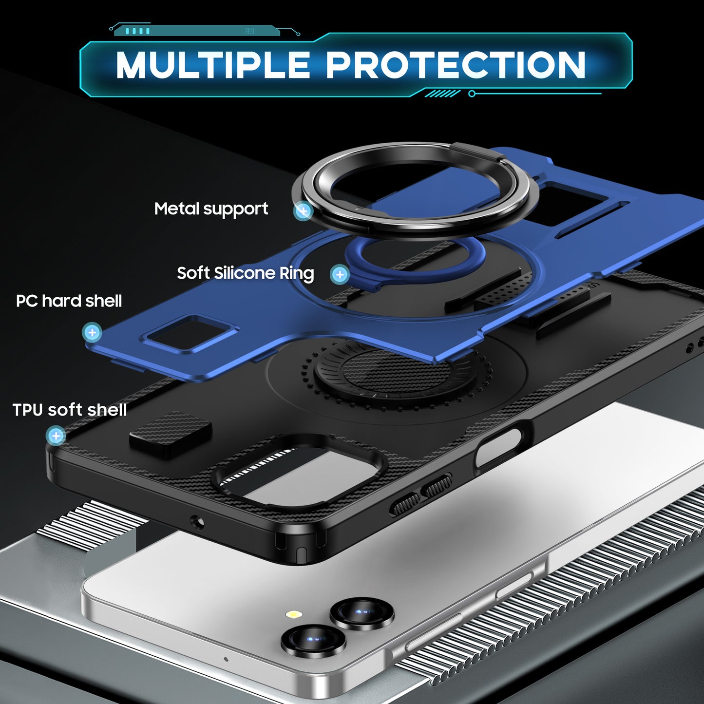 For Samsung Galaxy A06 Case TPU+PC Kickstand Phone Cover with Silicone Finger Strap - Blue