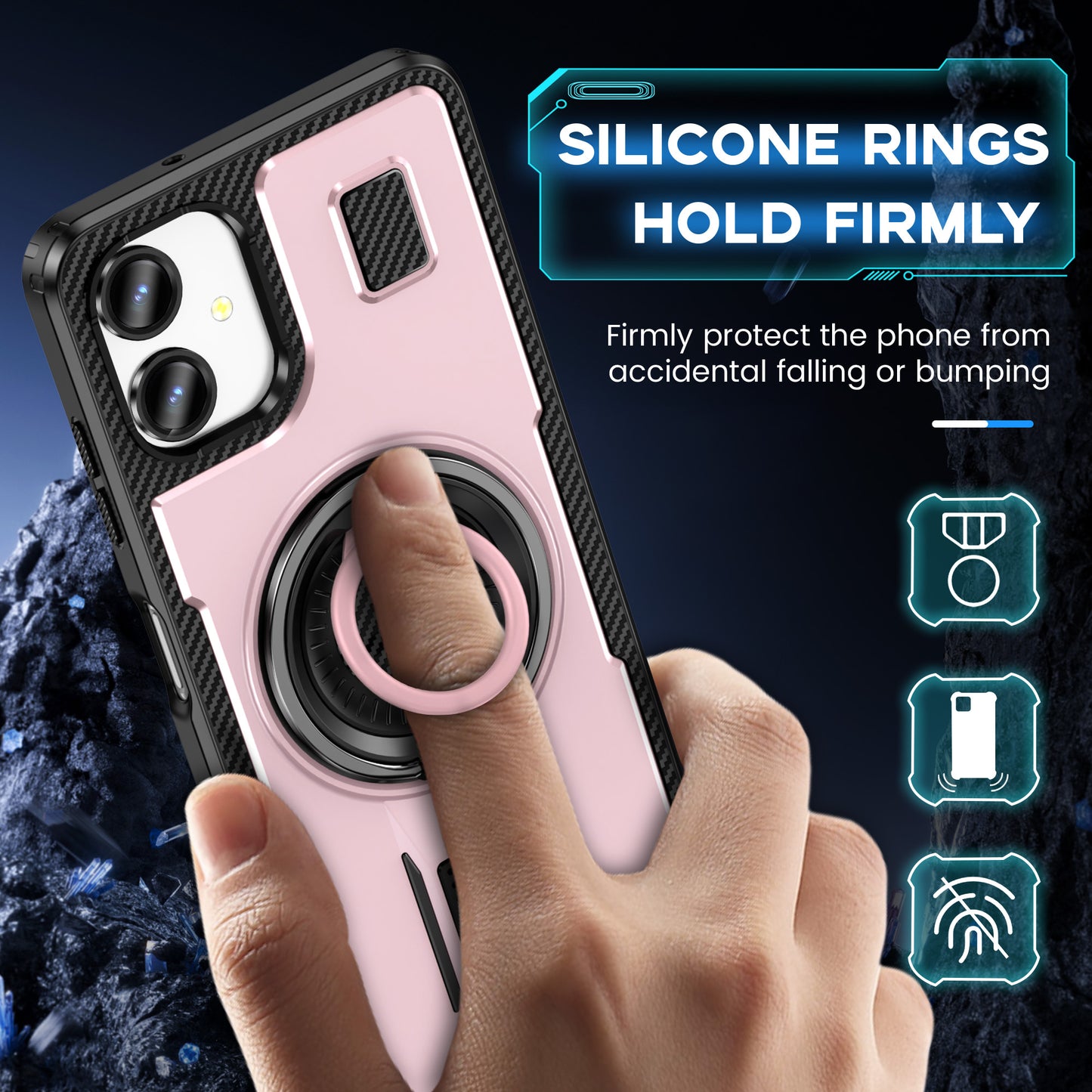 For Samsung Galaxy A06 Case TPU+PC Kickstand Phone Cover with Silicone Finger Strap - Rose Gold