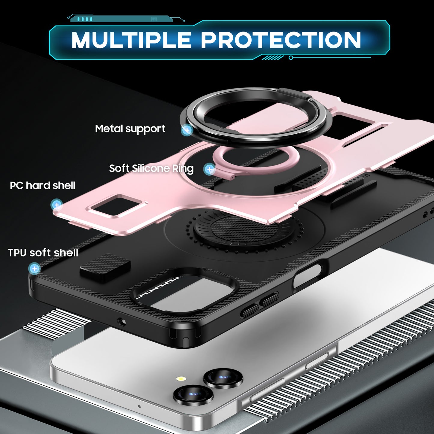 For Samsung Galaxy A06 Case TPU+PC Kickstand Phone Cover with Silicone Finger Strap - Rose Gold