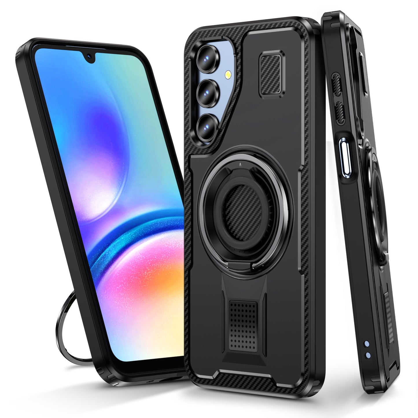For Samsung Galaxy A16 5G / A16 4G Case TPU+PC Kickstand Phone Cover with Silicone Finger Strap - Black