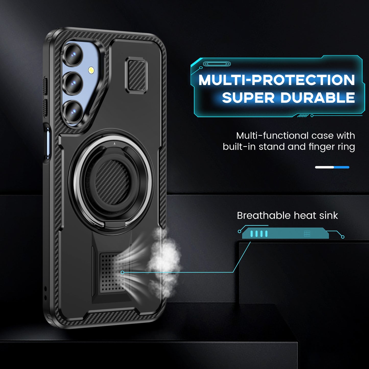 For Samsung Galaxy A16 5G / A16 4G Case TPU+PC Kickstand Phone Cover with Silicone Finger Strap - Black