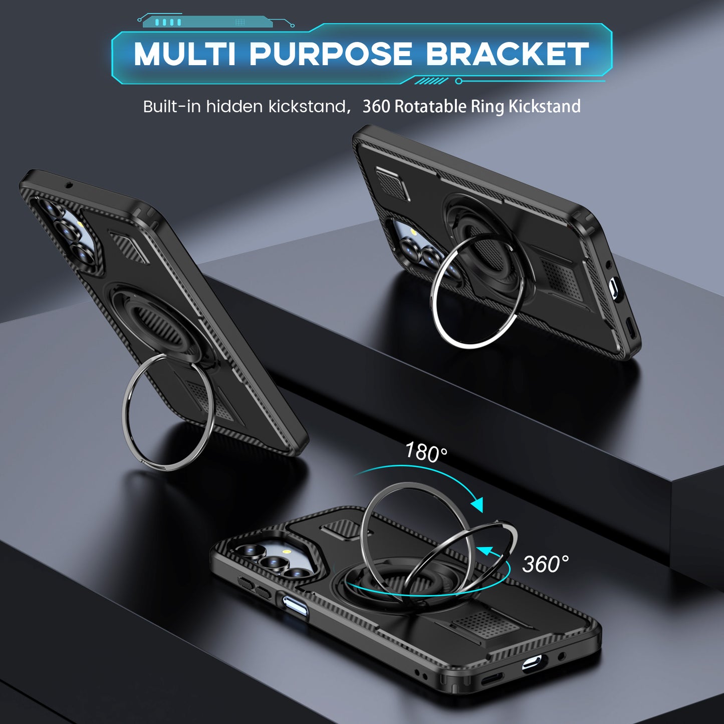 For Samsung Galaxy A16 5G / A16 4G Case TPU+PC Kickstand Phone Cover with Silicone Finger Strap - Black