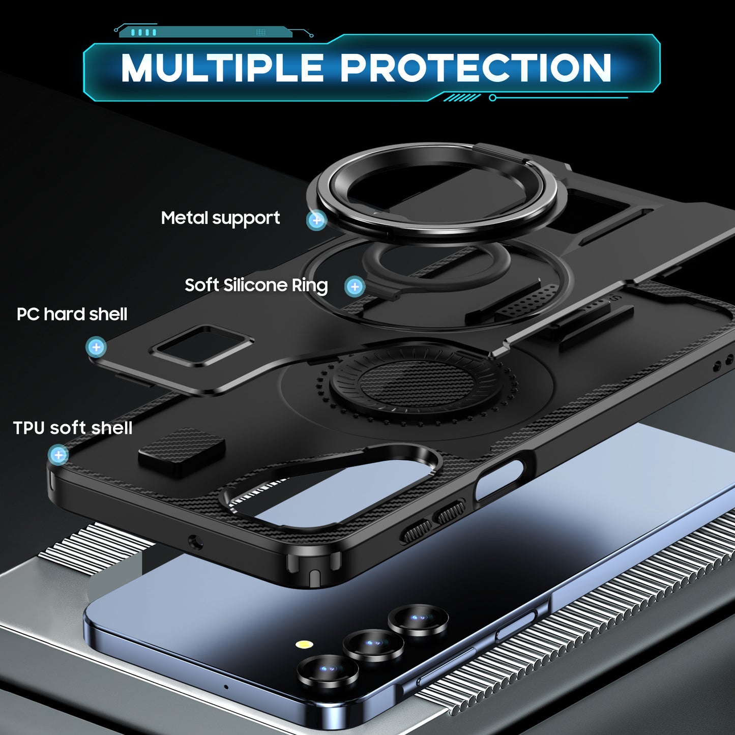 For Samsung Galaxy A16 5G / A16 4G Case TPU+PC Kickstand Phone Cover with Silicone Finger Strap - Black