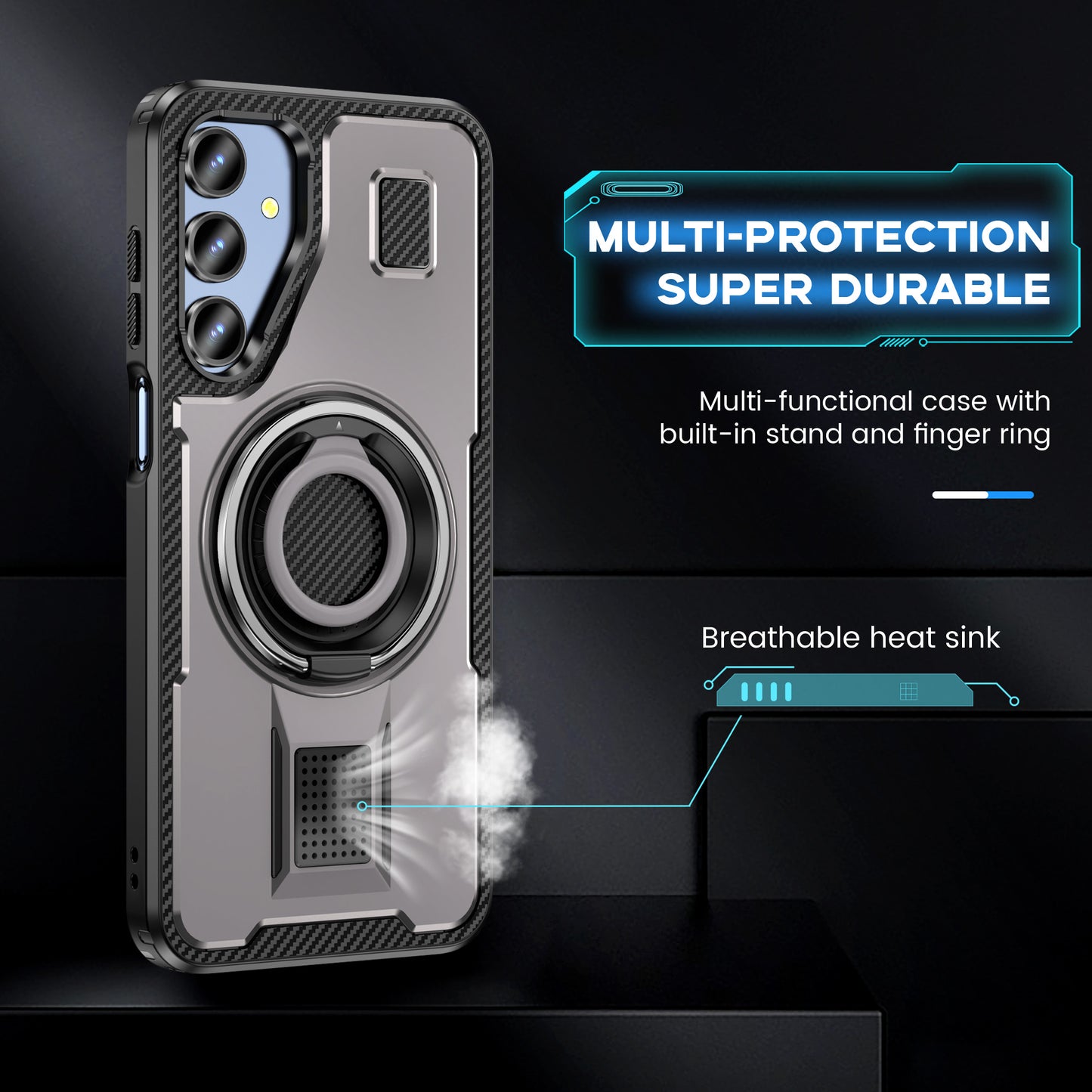 For Samsung Galaxy A16 5G / A16 4G Case TPU+PC Kickstand Phone Cover with Silicone Finger Strap - Grey