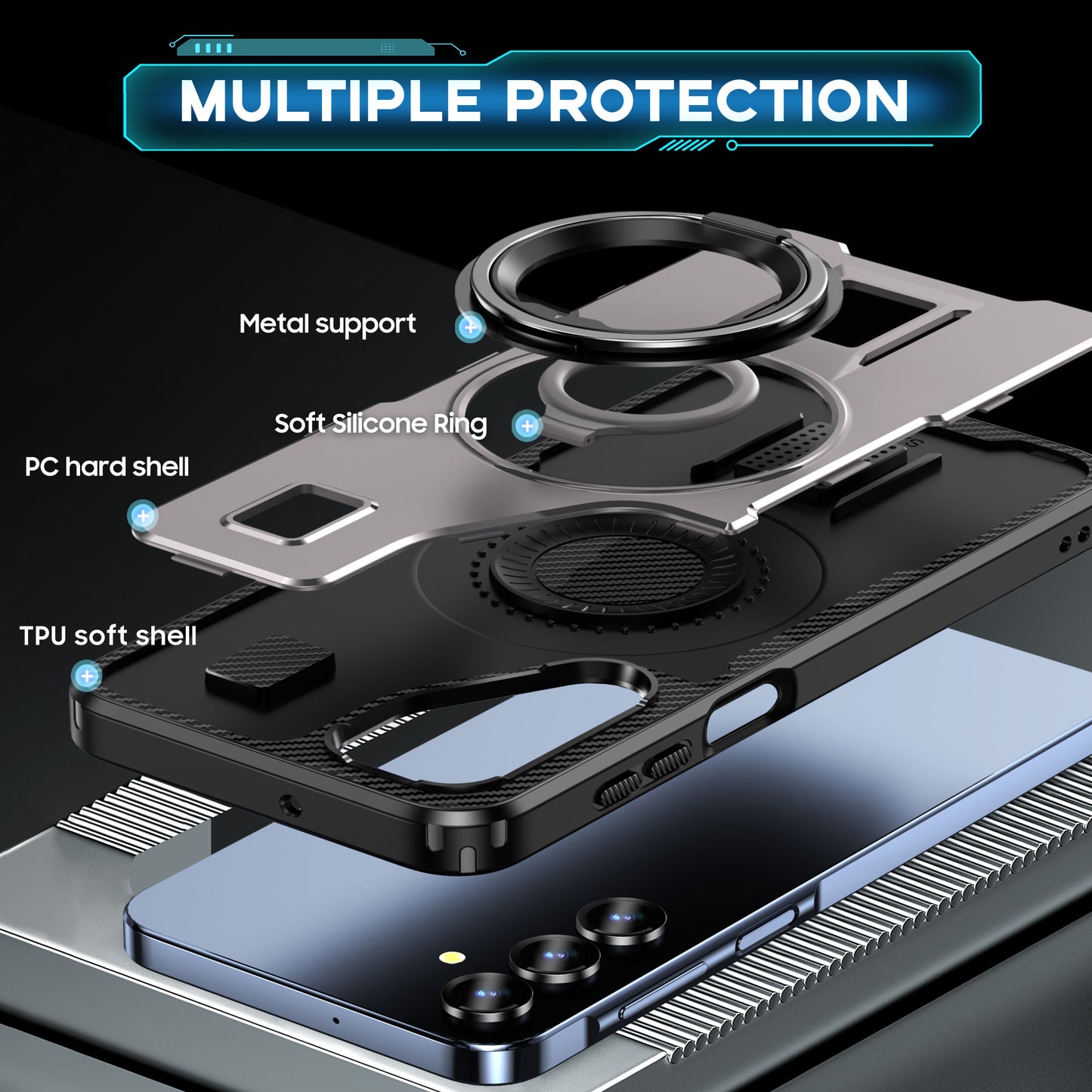 For Samsung Galaxy A16 5G / A16 4G Case TPU+PC Kickstand Phone Cover with Silicone Finger Strap - Grey