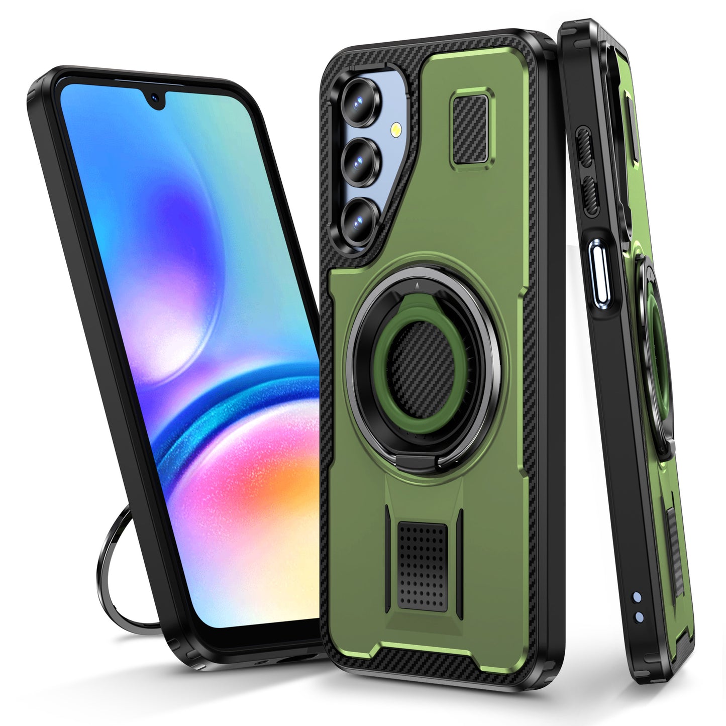 For Samsung Galaxy A16 5G / A16 4G Case TPU+PC Kickstand Phone Cover with Silicone Finger Strap - Army Green