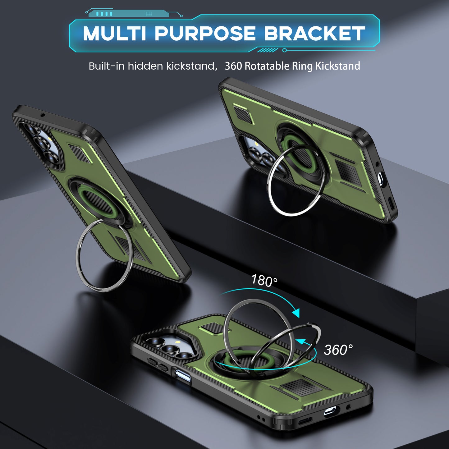 For Samsung Galaxy A16 5G / A16 4G Case TPU+PC Kickstand Phone Cover with Silicone Finger Strap - Army Green