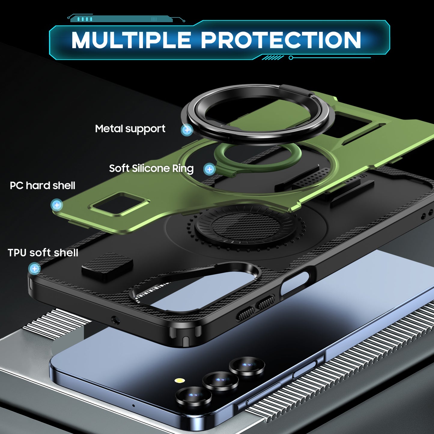 For Samsung Galaxy A16 5G / A16 4G Case TPU+PC Kickstand Phone Cover with Silicone Finger Strap - Army Green