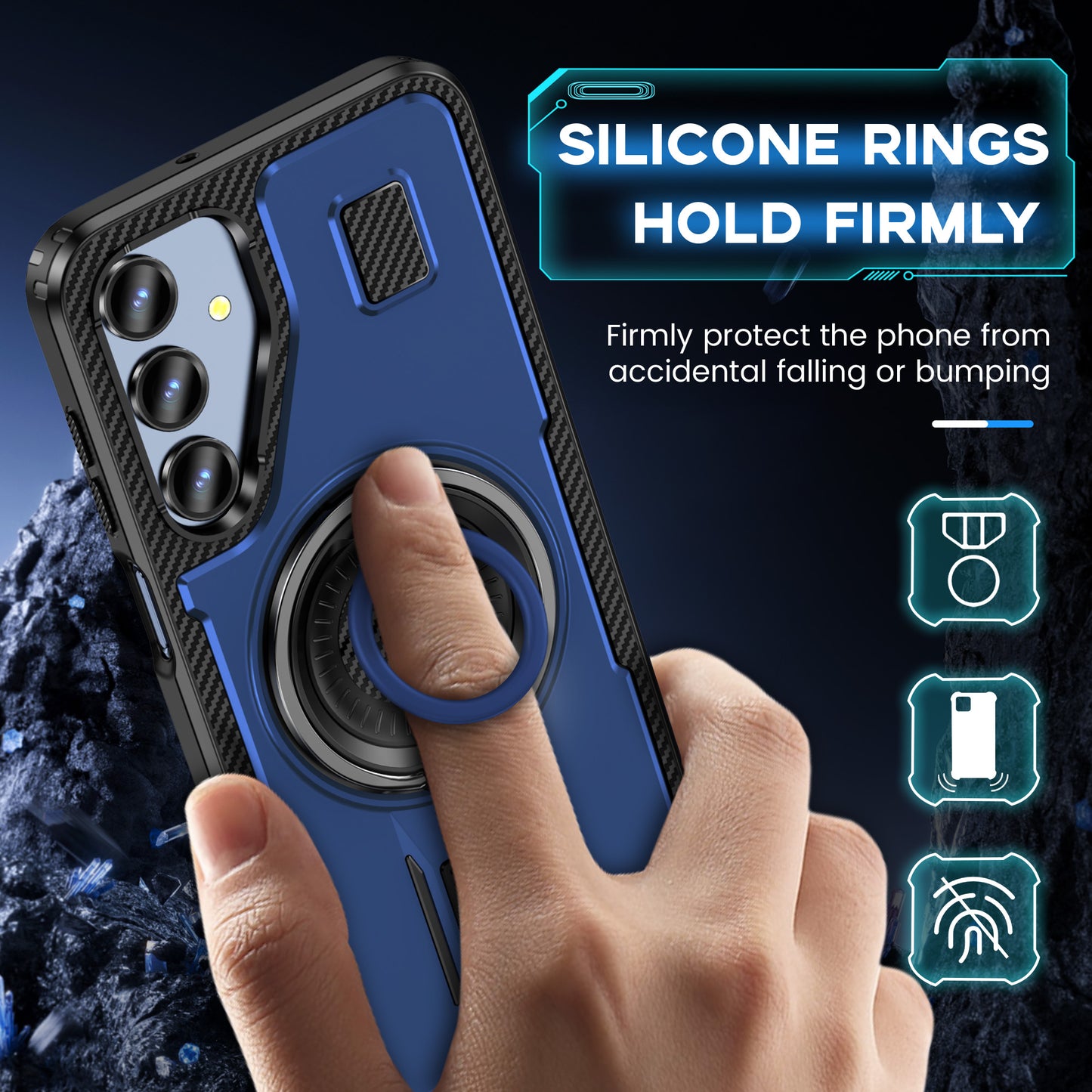 For Samsung Galaxy A16 5G / A16 4G Case TPU+PC Kickstand Phone Cover with Silicone Finger Strap - Blue