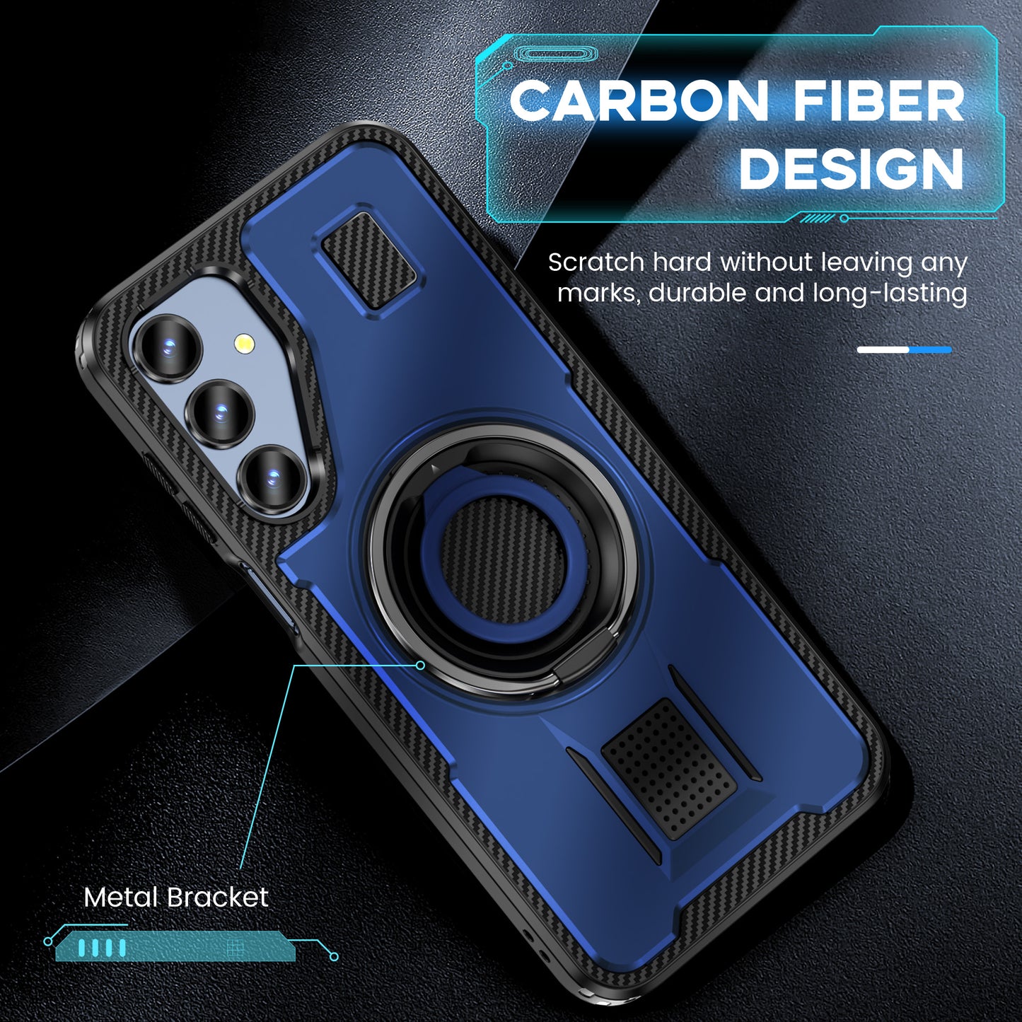 For Samsung Galaxy A16 5G / A16 4G Case TPU+PC Kickstand Phone Cover with Silicone Finger Strap - Blue