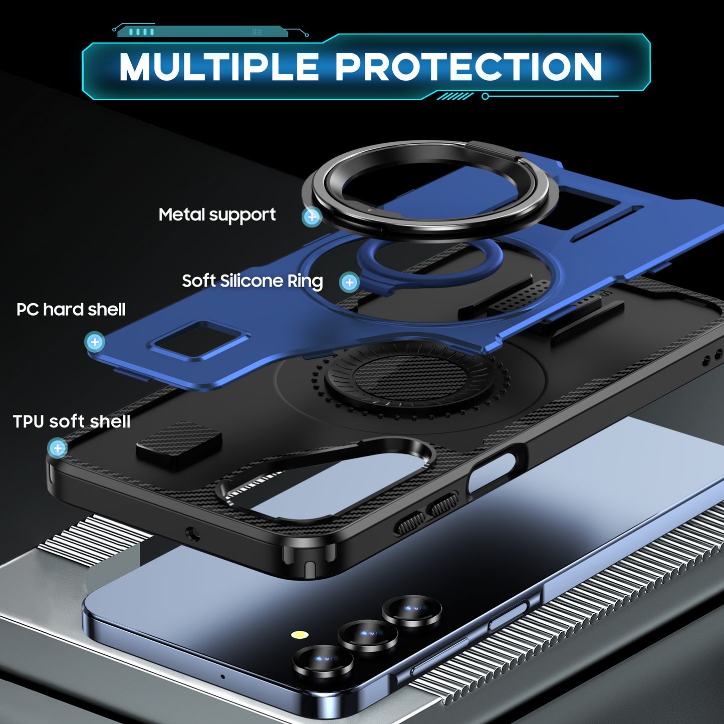 For Samsung Galaxy A16 5G / A16 4G Case TPU+PC Kickstand Phone Cover with Silicone Finger Strap - Blue