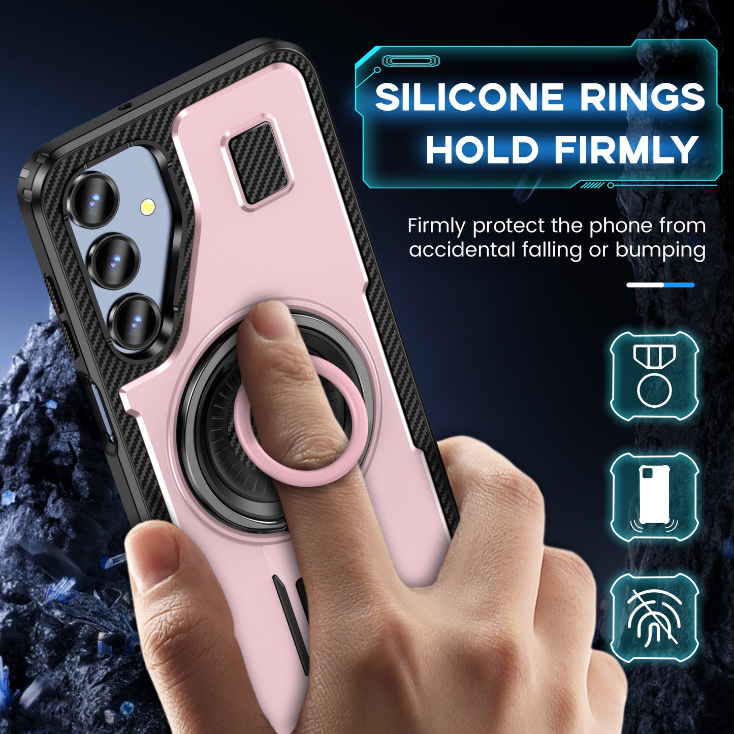 For Samsung Galaxy A16 5G / A16 4G Case TPU+PC Kickstand Phone Cover with Silicone Finger Strap - Rose Gold