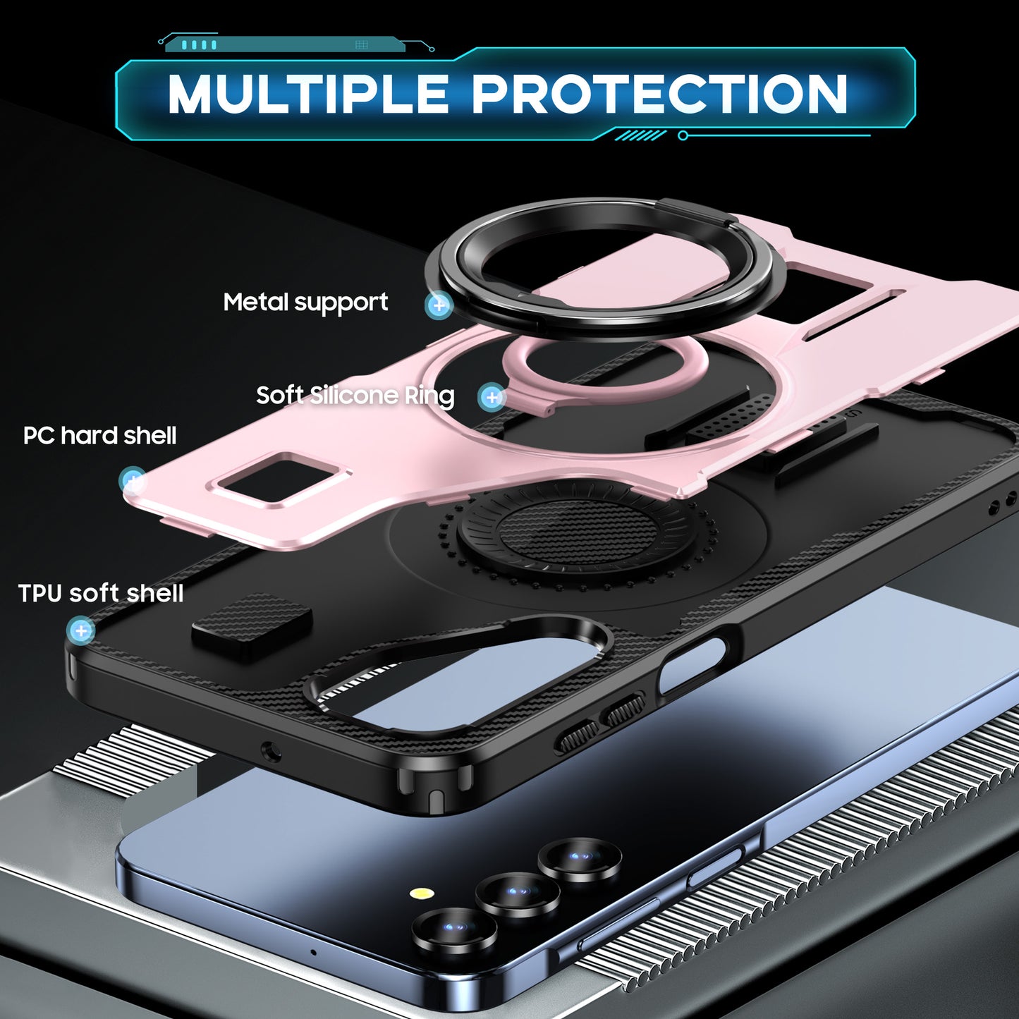 For Samsung Galaxy A16 5G / A16 4G Case TPU+PC Kickstand Phone Cover with Silicone Finger Strap - Rose Gold