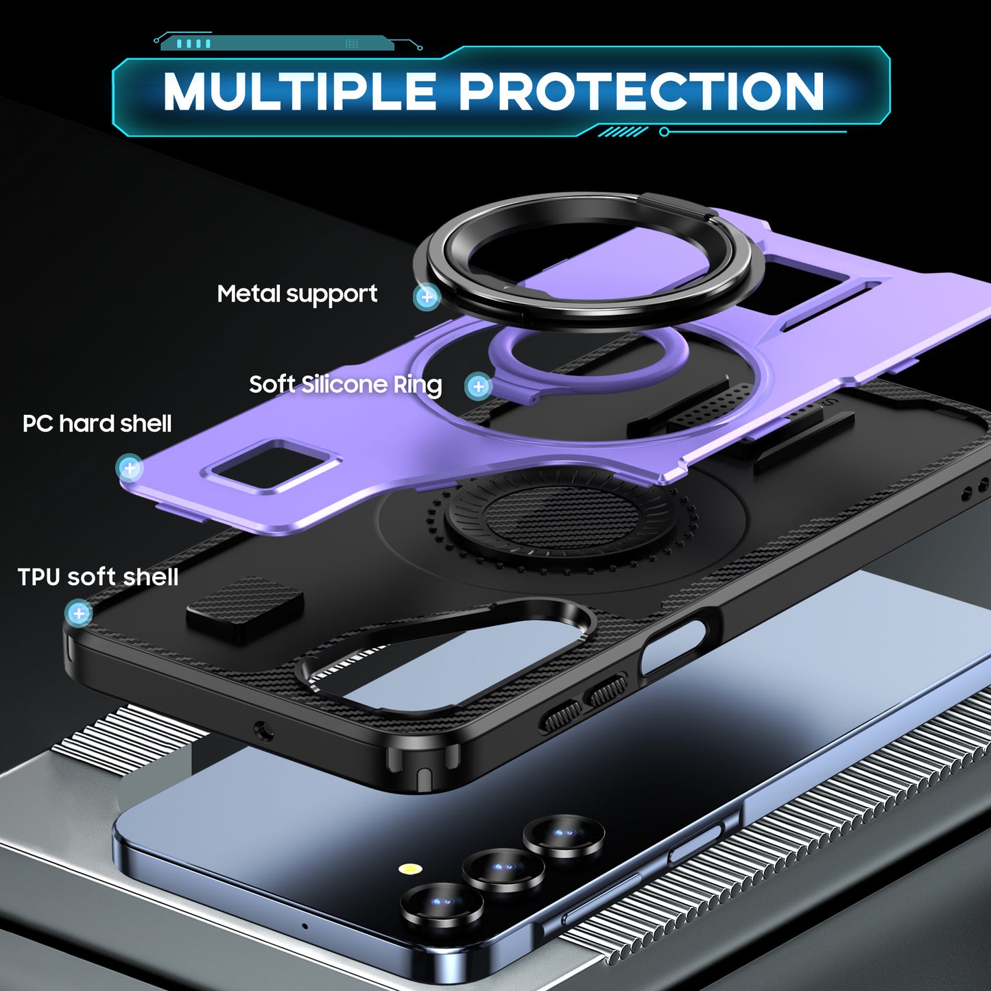 For Samsung Galaxy A16 5G / A16 4G Case TPU+PC Kickstand Phone Cover with Silicone Finger Strap - Purple