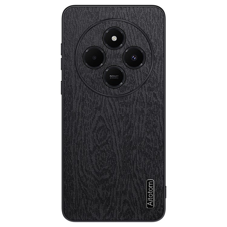 For Xiaomi Poco C75 4G / Redmi 14R 5G / 14C 4G Case Wood Texture PU Leather Coated PC+TPU Phone Cover - Black