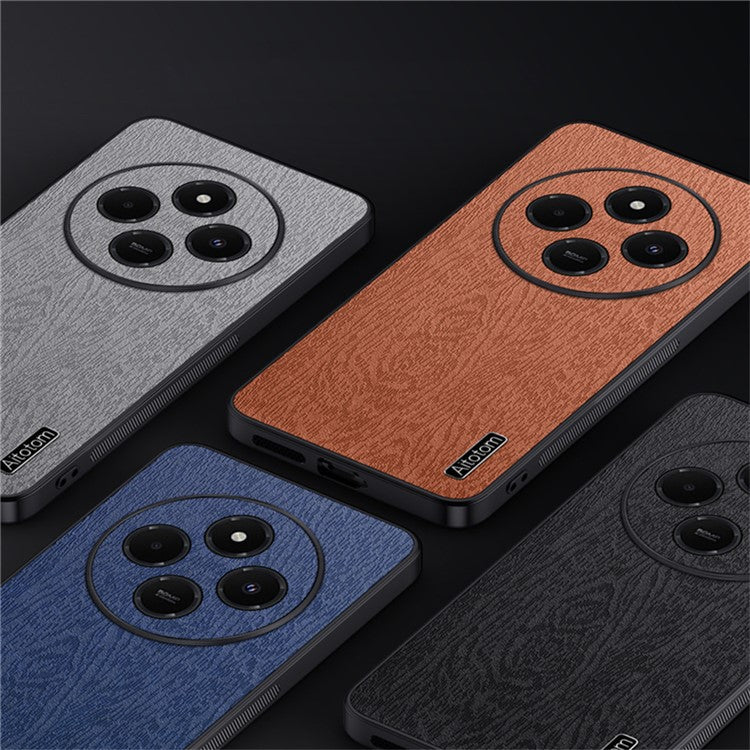 For Xiaomi Poco C75 4G / Redmi 14R 5G / 14C 4G Case Wood Texture PU Leather Coated PC+TPU Phone Cover - Blue