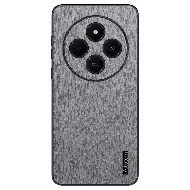 For Xiaomi Poco C75 4G / Redmi 14R 5G / 14C 4G Case Wood Texture PU Leather Coated PC+TPU Phone Cover - Grey