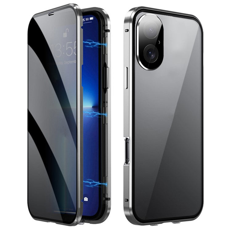 For iPhone 16 Plus Case Anti-Spy Double-Sided Tempered Glass+Magnetic Metal Frame Phone Cover - Silver