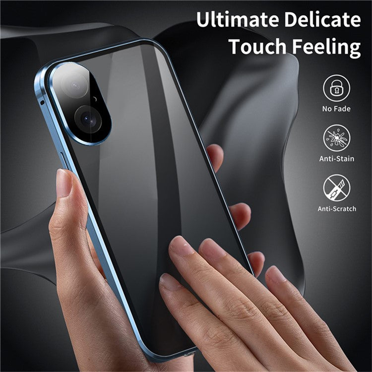 For iPhone 16 Plus Case Anti-Spy Double-Sided Tempered Glass+Magnetic Metal Frame Phone Cover - Blue
