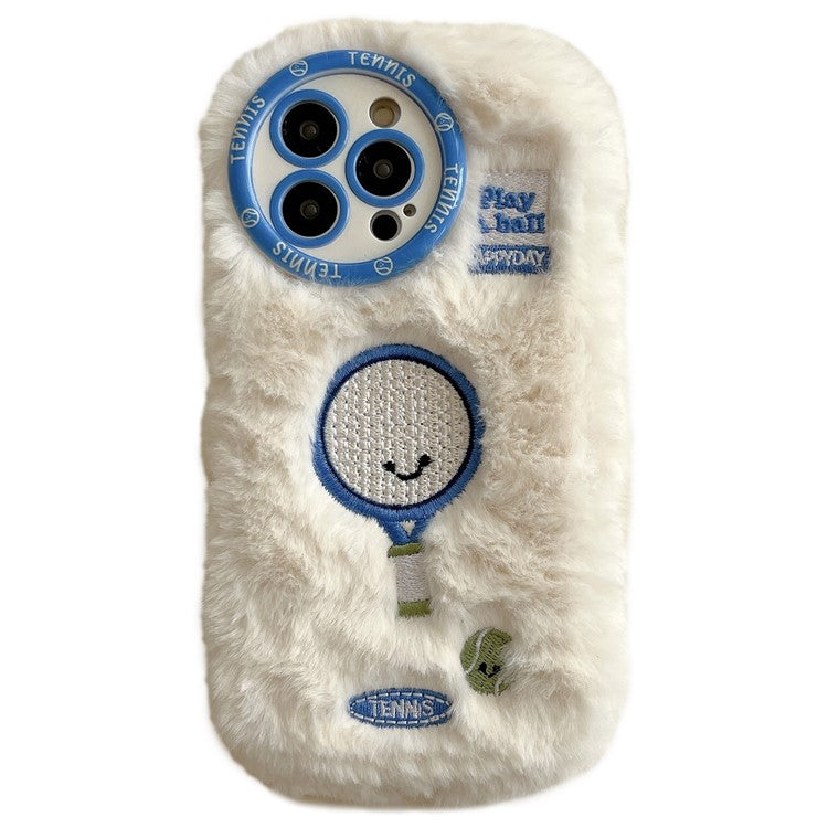 For iPhone 16 Pro Case Cute Racket Pattern Furry TPU Warm Phone Cover - Tennis Racket