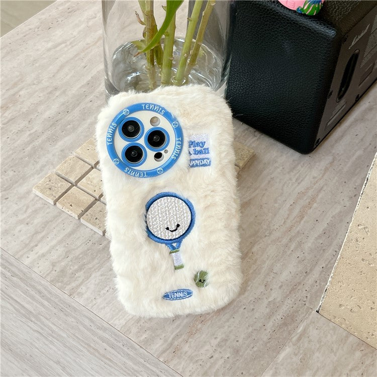 For iPhone 16 Pro Case Cute Racket Pattern Furry TPU Warm Phone Cover - Tennis Racket