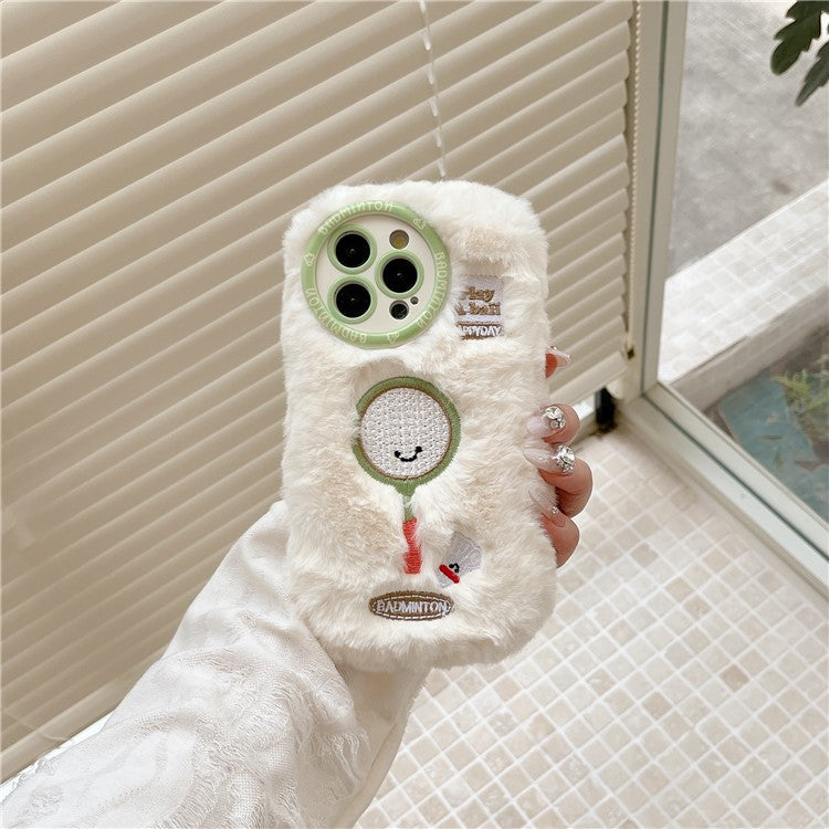 For iPhone 16 Pro Case Cute Racket Pattern Furry TPU Warm Phone Cover - Tennis Racket