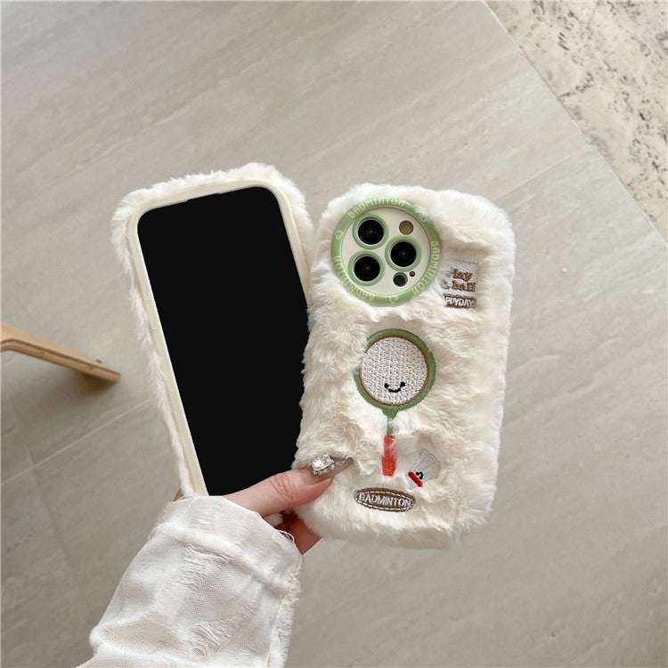 For iPhone 16 Pro Case Cute Racket Pattern Furry TPU Warm Phone Cover - Tennis Racket